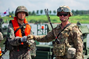 Sgt. 1st Class Richard Judd, a platoon leader assigned to the 814th Multi-Role Bridging Company, 11th Engineer Bn., 2d Infantry Division, fist bumps a ROKA soldier during a wet-gap crossing exercise during Ulchi Freedom Shield, Aug. 27, 2025. 



Ulchi Freedom Shield is an annual combined exercise conducted in support of the ROK-U.S. Mutual Defense Treaty signed in 1953. This combined exercise program highlights the ironclad commitment between the two nations to maintain a robust combined defense posture and to defend the people of the ROK from any threat.